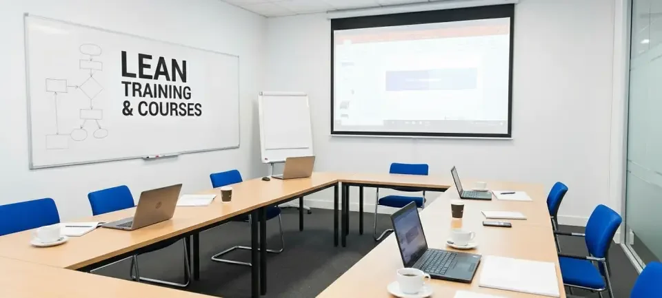 Moderner Schulungsraum für Lean-Training mit Whiteboard, Projektor und Laptops für interaktive Kurse zur Prozessoptimierung.