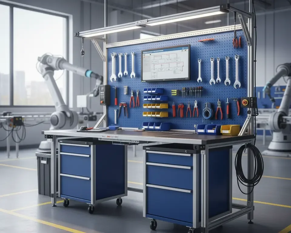 Vernetzter Montage-Arbeitsplatz mit Werkzeugwand, Monitor-Display und Unterbauschränken in einer automatisierten Produktionsumgebung.