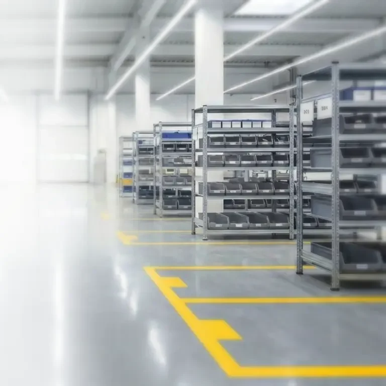 Helle, moderne Industriehalle mit mehreren Reihen von stabilen Metallregalen, die mit grauen und blauen Lagerkisten bestückt sind. 