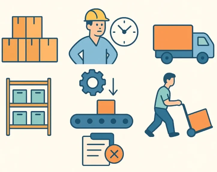 Illustration der 7 Verschwendungsarten in der Logistik und Produktion, darunter Bestände, Wartezeiten, Transportwege und Fehler.