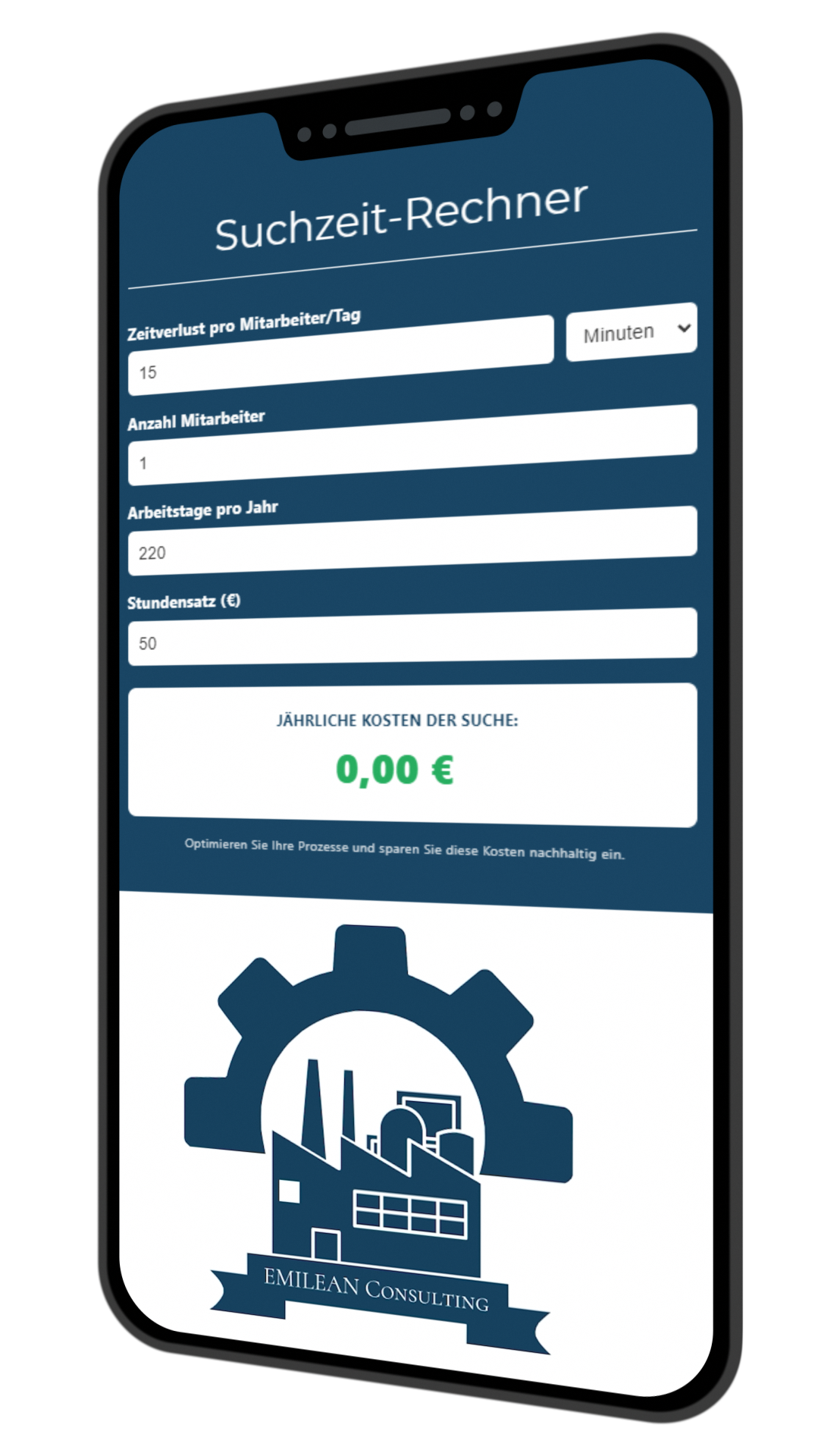 Suchzeit-Rechner zeigt jährliche Kosten von 33.000 € durch Zeitverlust im Unternehmen.