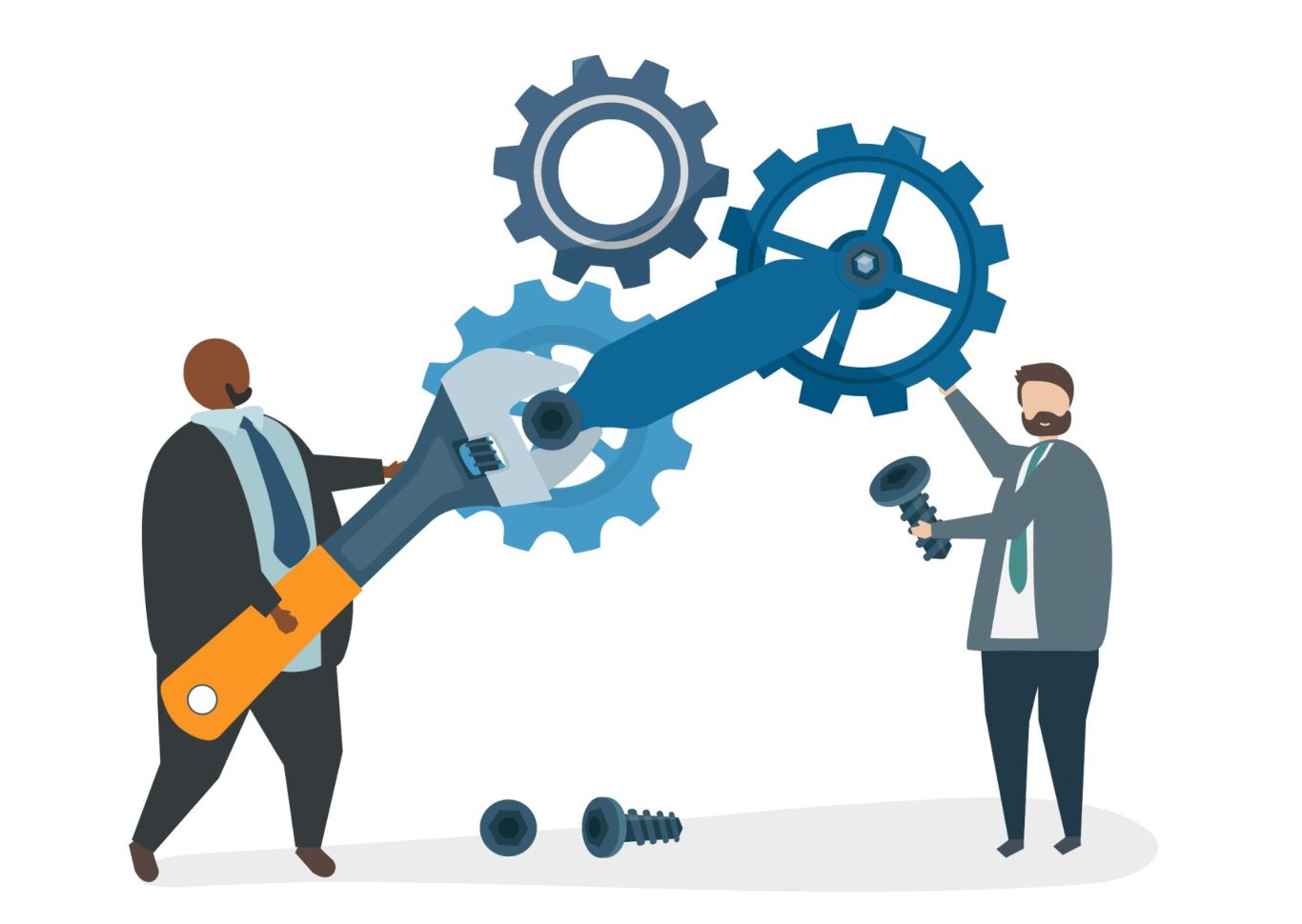 Team-Illustration: Gemeinsame technische Optimierung von Arbeitsprozessen und Systemen.