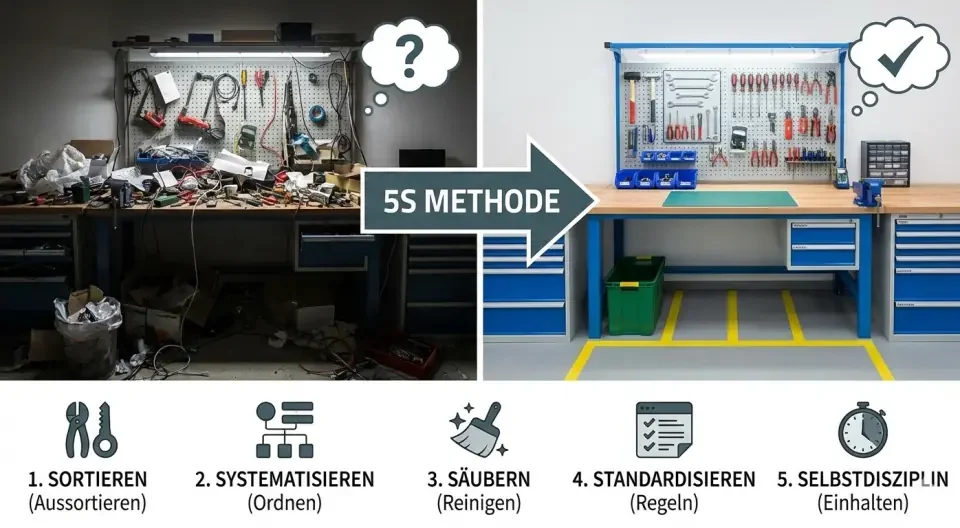 Infografik zur 5S-Methode: Transformation eines chaotischen Arbeitsplatzes in ein effizientes Ordnungssystem.