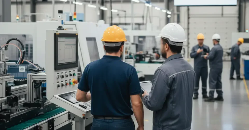 Ein Coach und ein Mitarbeiter mit Schutzhelmen bedienen eine industrielle Steuerungsanlage in einer modernen Fertigungshalle.