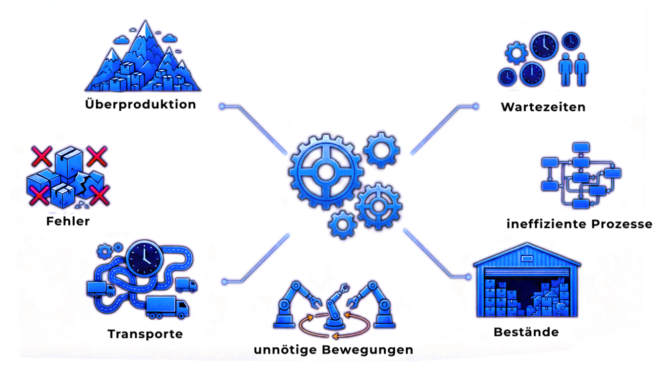 Infografik zu Prozess-Verschwendung mit Themen wie Überproduktion, Wartezeiten, Fehler, Bestände und ineffiziente Prozesse.