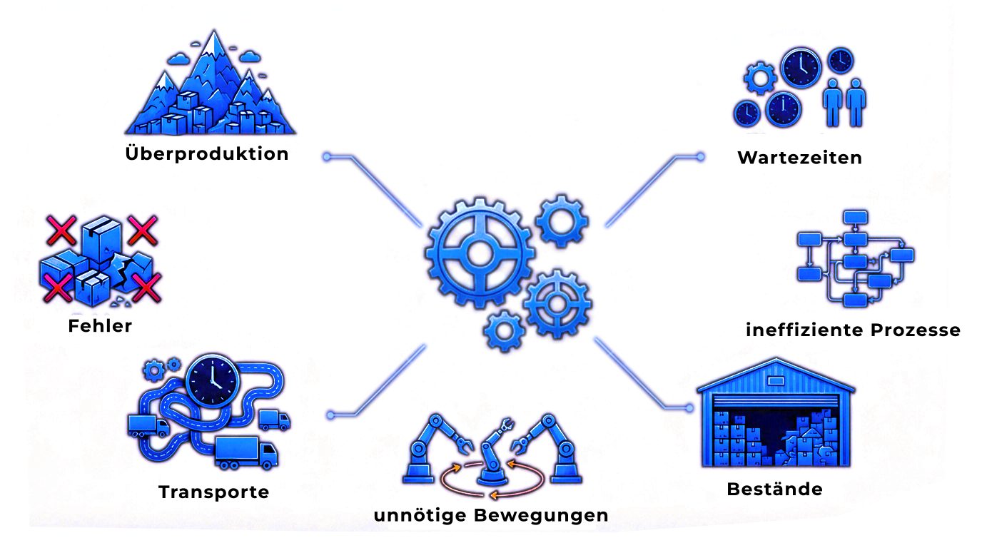 Blau-weiße Infografik zu den 7 Lean-Verschwendungsverfahren wie Überproduktion, Fehler und Bestände.