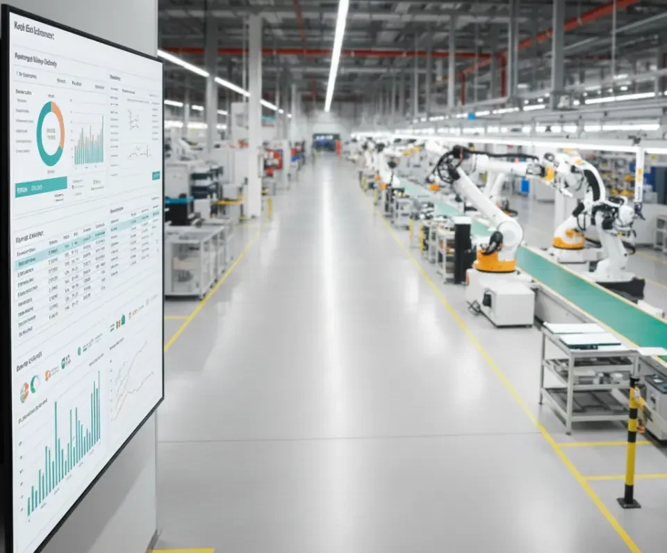 Moderne Fabrikhalle mit Roboter-Fertigungsstraße und einem Dashboard zur Echtzeit-Datenanalyse von Produktionsprozessen.